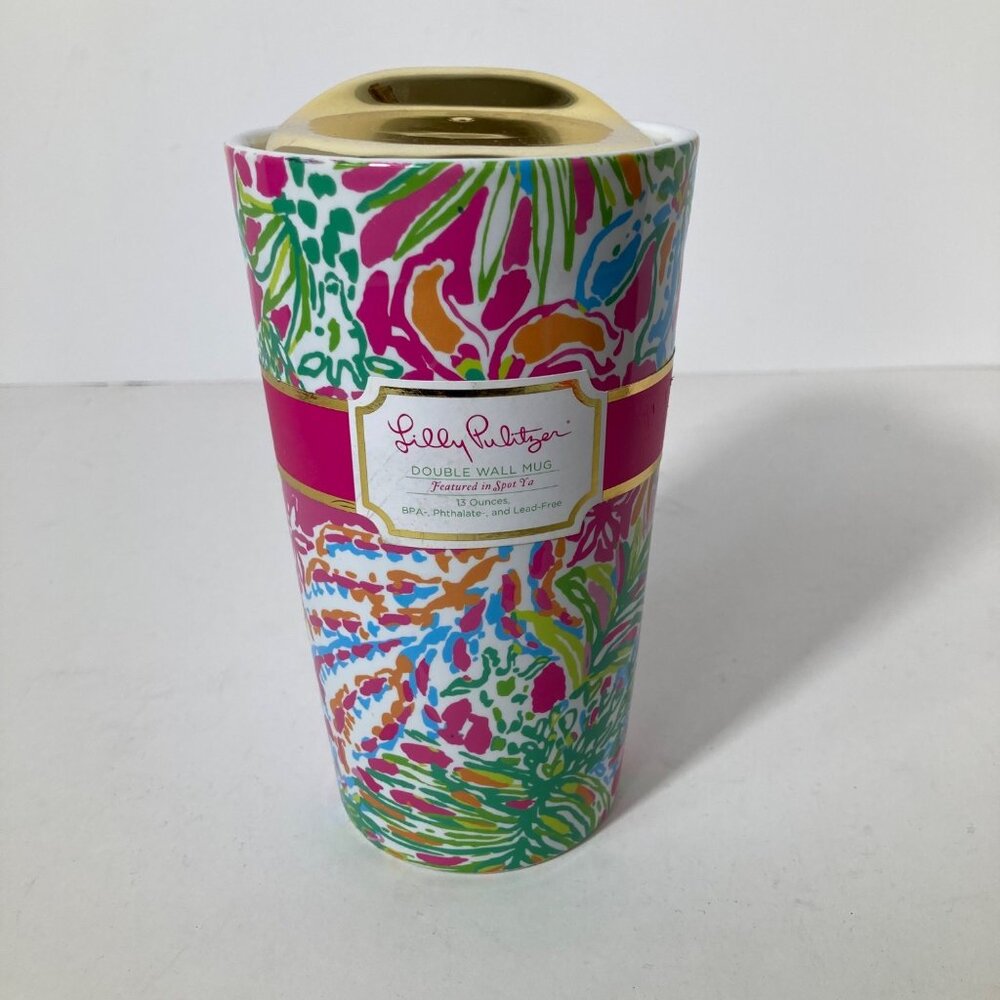Womens Lilly Pulitzer Spot Ya Double Wall Floral Coffee Mug w Lid 13oz NWT‎